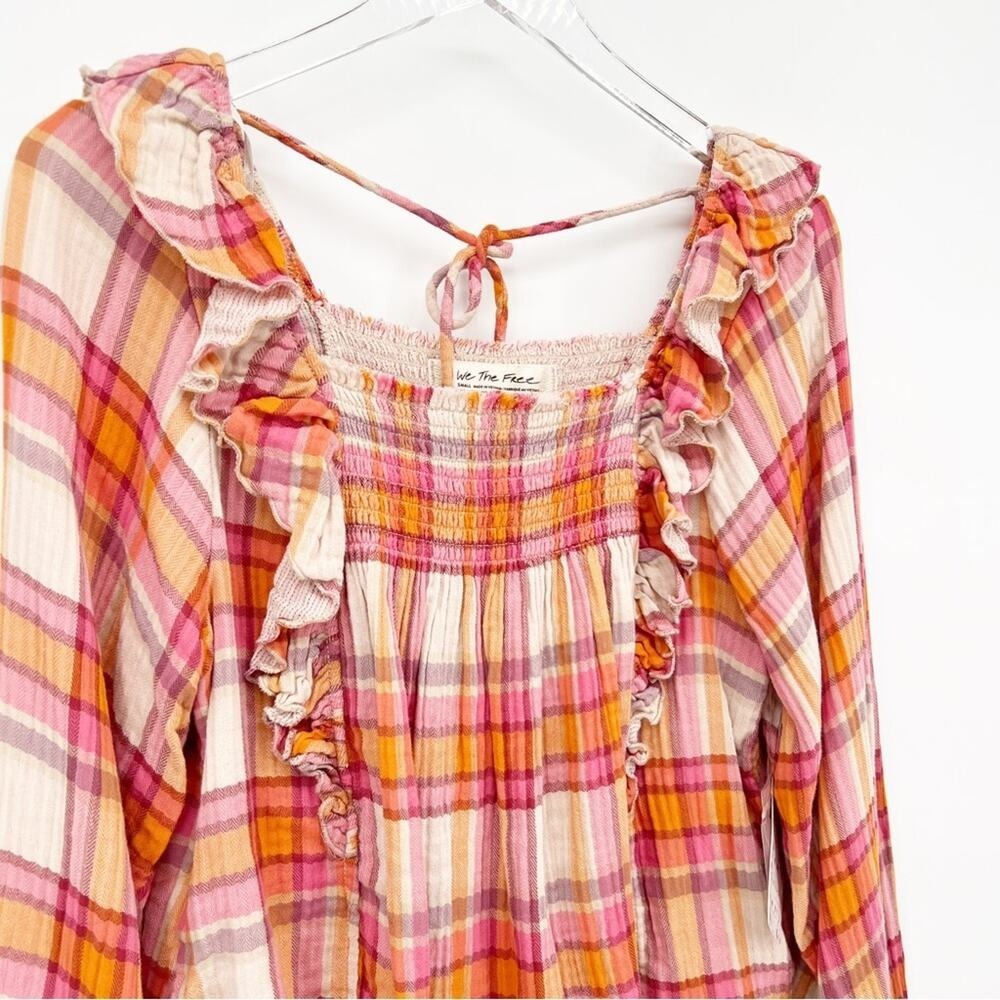NWT Free People Women Sienna Plaid Ruffle Square Neck Blouse S - Picture 5 of 11